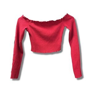 🌟 SHEIN XS Bright Red Off Shoulder Ruffle Hem Ribbed Long Sleeve Crop Top 🌟